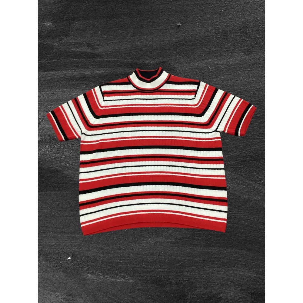 Laura Scott Women XL Red White Black Striped Mock Neck Short Sleeve Knit Sweater
